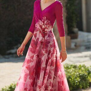 A-line wedding dress floral Vneck floor length chiffon, ¾ length slves